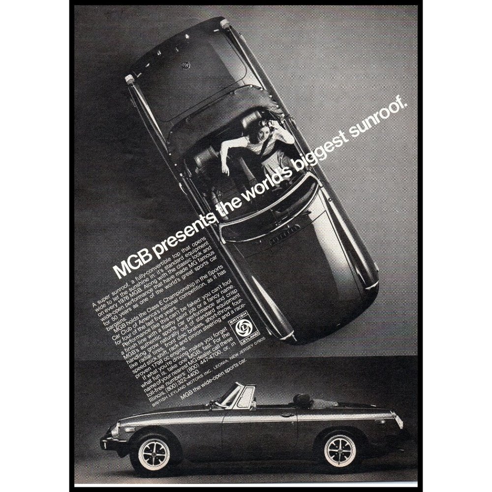 1976 MG MGB Convertible Roadster Vintage Print Ad Biggest Sunroof Wall Art Photo